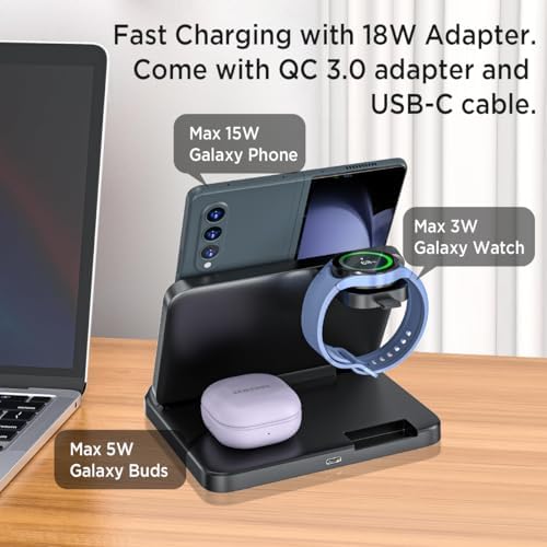 Miimall 3-in-1 Wireless Charging Station for Samsung Galaxy Z Fold Series – Fast Charging Dock for Galaxy Z Flip, Galaxy Watch, and Galaxy Buds – Compact & Foldable Design for Ultimate Convenience and Enhanced Compatibility