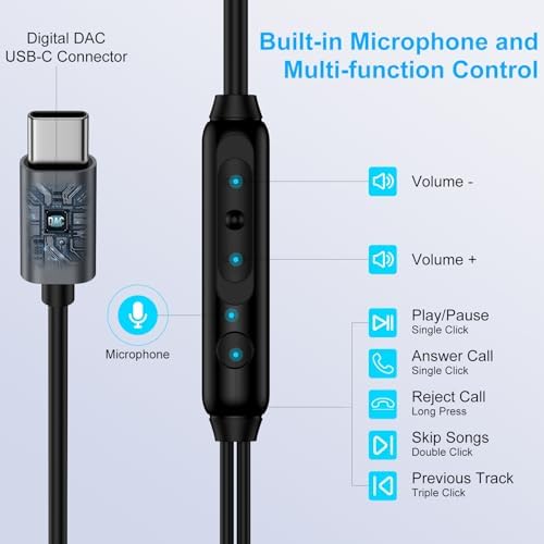 USB C Wired Earbuds for Galaxy S25/S24/S23, i Phone 16 & Pixel 9 a – Premium Hi-Fi In-Ear Headphones with Built-in Microphone for Seamless Connectivity, Lightweight Ergonomic Design for Ultimate Comfort, and Tangle-Free Durability for Everyday Use
