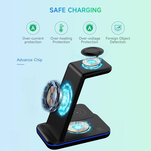 Efficient RELAXYO 3-in-1 Wireless Charging Station for i Phone 15-11, Apple Watch Series 9-4, and Air Pods 3/2/Pro – Fast, Compact Charger for Tech Enthusiasts & Travelers, Tidy Cable-Free Solution for Home and Office Use