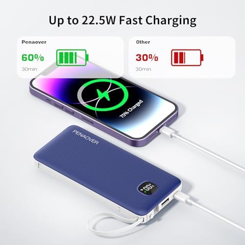 Ultra-Slim 10000 m Ah Fast Charging Power Bank with Built-In Cables & AC Plug – Versatile 5 Output USB-C Portable Charger for i Phones, Samsung, Android & More – Perfect for Travel & On-the-Go Power Solutions