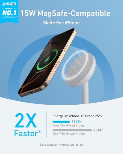 Anker Mag Go i Phone 16 Mag Safe Charger Stand – 15 W Fast Magnetic Wireless Charging Station with Qi2 Certification, 360° Device Compatibility & Sleek Design for i Phone 16/15/14/13/12 Series & Air Pods (Includes 25 W Adapter) – Elevate Your Charging Experience Today!