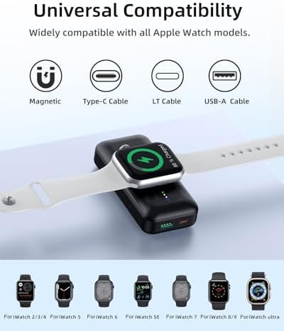 Compact 10,000 m Ah Portable Apple Watch Charger – Fast Charging Mini Power Bank with Integrated Cable for Apple Watch 9/Ultra/8/7/6/SE/5/4/3/2 and i Phone 14/13/12/11/Samsung – Ultimate Travel Companion for Efficient Device Powering