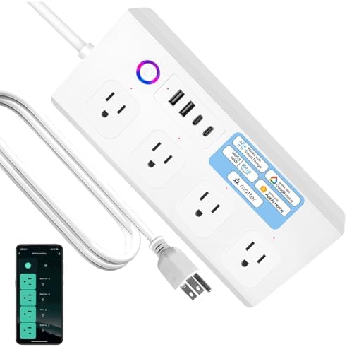 Smart Power Strip with Voice Control – Usee Link 4 AC Outlets & 4 USB Ports (2 A, 2 C) Surge Protector, 5 ft Cord, Wi-Fi Enabled for Alexa & Google Home, No Hub Required, Sleek Black Design for Modern Charging Solutions