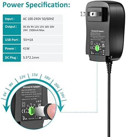 Universal Multi-Voltage AC/DC Power Supply Adapter – 41 W Charger with 8 Selectable Tips for 6 V to 24 V Devices, 1500 m A Output, Compact Design for Home and Office Electronics, Reliable and Efficient Power Solution