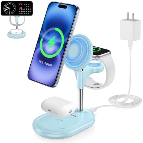 All-in-One Wireless Charging Station for Apple Devices – 15 W Fast Qi-Certified Mag-Safe Charger for i Phone 16, 15, 14, 13, 12, Apple Watch & Air Pods – Adjustable Viewing Angle, Ideal Gift for Women – Enhance Your Charging Efficiency and Style