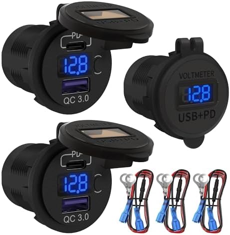 Daier Tek 12 V USB C Car Charger Socket – High-Speed 48 W PD & QC 3.0 – Waterproof Dual USB Outlet with Voltmeter & Energy-Saving ON/OFF Switch for Cars, Boats, and Golf Carts – 3 Pack for Versatile Installation and Enhanced Device Protection