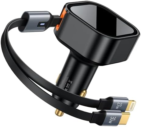 Retractable 2-in-1 USB C Car Charger – Fast Charging Adapter with Built-in Type C and Lightning Cables for i Phone 15/14/13/12 Pro Max, Galaxy S23/S22/S21 Ultra, Pixel and More – Compact, Tangle-Free Design for Ultimate Convenience on the Go