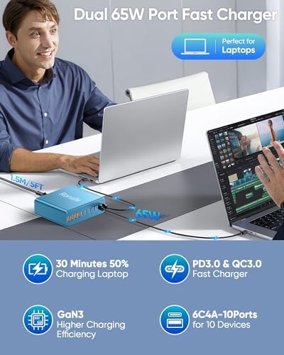 460 W Advanced USB C Charging Hub – 10-Port Fast Charging Station with Ga N III Technology for Mac Book Pro/Air, i Phone, i Pad, Dell, Samsung Galaxy – Dual 65 W Power Adapter for Ultimate Device Versatility – Sleek White Design for Home & Office Efficiency