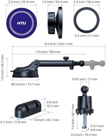 HTU for MagSafe Car Phone Mount Magnetic Phone Holder for Windshield Vent Dashboard Magnetic Suction Phone Mount for iPhone 16/15/14/13/12 & Android (Black) – Enhanced Compatibility and Speed