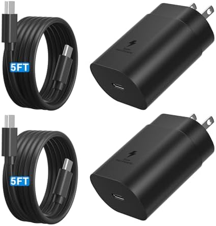 Ultimate 25 W Super Fast USB-C Wall Charger Duo with 5 FT Cable – Optimal Charging Solution for Samsung Galaxy S25/S24/S23 – Unmatched Speed & Versatility for On-the-Go Lifestyles – Ideal for Home & Travel Use