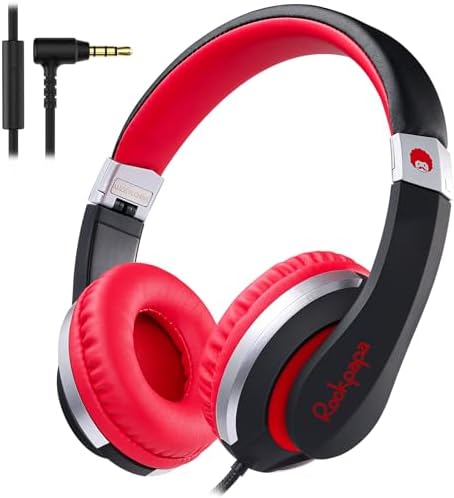 Rockpapa HS20 Kids Wired Headphones – Super Lightweight & Foldable Design with Integrated Microphone, Perfect for School, Travel & Entertainment – Compatible with Tablets & Smartphones, Stylish Black & Orange for Ages 3-15, Ideal for Learning, Play, and Hands-Free Communication