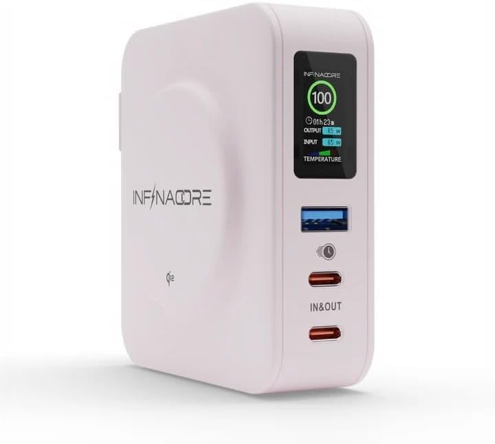 Infina Core P3 8000 m Ah Portable Power Bank: Ultra-Fast 18 W USB-C Charger with 4-in-1 Functionality, Qi Wireless Compatibility, and Travel-Ready Foldable Plug for Effortless Device Charging on the Go