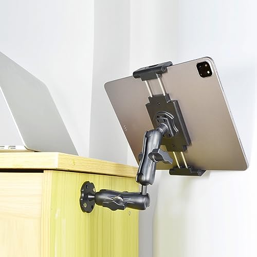 Heavy-Duty Aluminum Dual Arm Tablet Mount with 4-Point 360° Rotation – Secure Drill Base for 6.5″-12.9″ Devices (i Pad, Galaxy Tab, Surface) – Versatile Mounting Solution for Home, Office, and Vehicle Use – Ultimate Stability and Flexibility