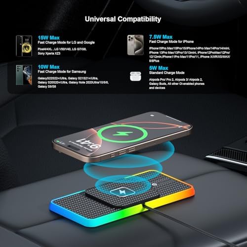 POLMXS C1-Pad Wireless Car Charger – 15 W Fast Charging Pad for i Phone 16/15/14/13/12 & Galaxy S23/S22/S21/Note10 – Advanced Heat Management & Unique Design for Bulge Cameras – Universal Qi Compatibility with Ambient Lighting Options for Personalized Drives