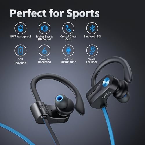 Premium IPX7 Waterproof Bluetooth 5.3 Earbuds – Wireless Sports Headphones with 16-Hour Playtime, Stereo Bass, and Secure Earhooks for Enhanced Performance in Running and Workouts – Ultimate Audio Freedom and Durability for Active Lifestyles
