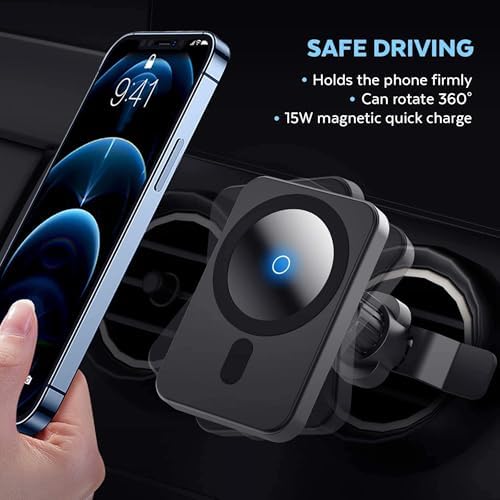 Aporia Mag Safe Car Cup Holder Charger – 15 W Fast Wireless Charging Mount with Adjustable Arm & 360° Rotation for i Phone 12+ | Ultimate Driving Accessory for Effortless Connectivity and Enhanced Convenience on the Road