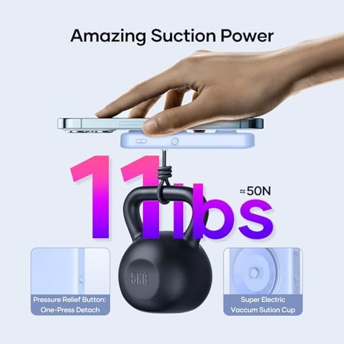 Ultra-Slim Wireless Portable Charger for i Phone & Android – 5000 m Ah Power Bank with Innovative Electric Suction Cup, 22.5 W USB-C PD Fast Charging, Compact Design for On-the-Go Convenience, Stylish Blue Finish – Perfect for Busy Lifestyles and Versatile Device Compatibility