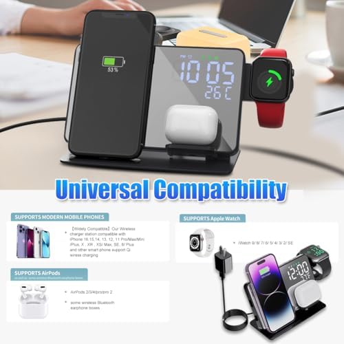 Ultimate 4-in-1 Wireless Charging Station for Apple Devices – 18 W Fast Charge with Integrated Alarm Clock and Temperature Display – Sleek and Efficient Charging Dock for i Phone 12 to 16, Apple Watch, and Air Pods – Stylish, Space-Saving Design for Modern Living