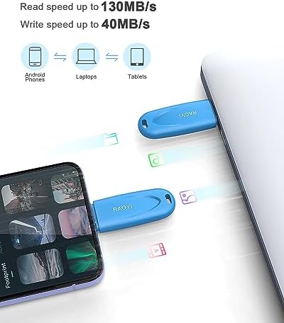 RAOYI 128 GB USB-C Flash Drive – Ultra-Fast USB 3.1 Type C Memory Stick for Effortless Data Transfer – Compact Thumb Drive with Keyring Hole for On-the-Go Storage – Ideal for Laptops, Smartphones, Tablets & Macs – Reliable High-Speed Pen Drive in Striking Blue
