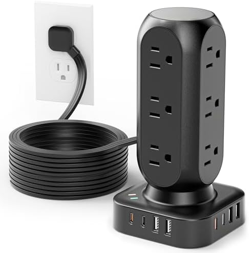 Revolutionize Your Charging Setup with the Flat Plug Power Strip Tower – 10 FT Extension Cord, 40 W Fast Charging Station Featuring 12 AC Outlets and 8 USB Ports (4 USB-C) for Ultimate Device Connectivity and Safety in Home, Office, or Dorm Room