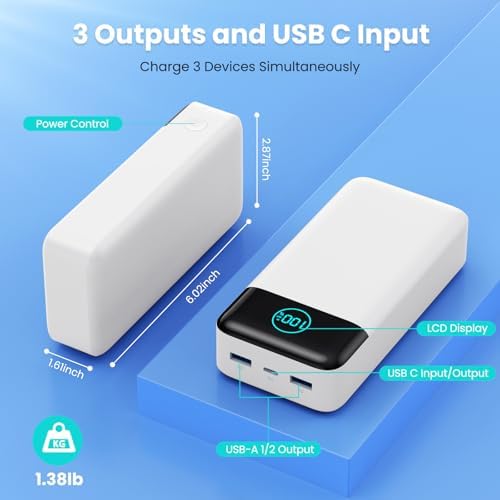 High-Capacity 50800 m Ah Portable Charger – 25 W Fast Charging Power Bank with USB-C PD & QC 4.0 Technology, Triple Output Ports & LCD Display for i Phone 16/15/14/13/12, Samsung & Universal Compatibility – Ultimate On-the-Go Power Solution