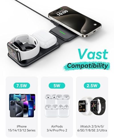 Ultimate INIU 3-in-1 Magnetic Wireless Charging Station for Apple Devices – 15 W Fast Charger for i Phone 16 Pro Max, 15, 14, 13, 12, Compatible with Apple Watch Series 10/9/8/SE/Ultra & Air Pods 4/3/2/Pro – Travel-Friendly Foldable Design for Effortless Portability and Enhanced Device Compatibility
