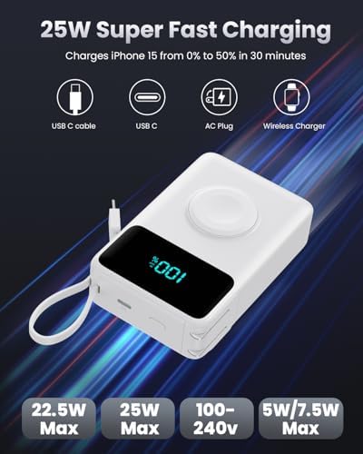 Versatile 4-in-1 Travel Charger with Integrated Wall Plug & USB-C Cables – 10800 m Ah Power Bank Featuring Magnetic Apple Watch Charging, QC4.0 & PD 25 W Fast Charging – Compact Solution for i Phone 16/15, Android Devices & More – Enhanced Portability & Smart Safety Features for On-the-Go Power