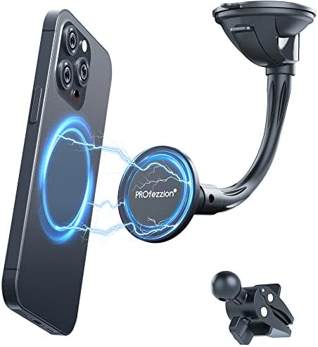 Magnetic Phone Holder for Cars – PROfezzion Suction Cup & Vent Clip Combo for i Phone 16/15/14/13 Pro Max & All Smartphones – Seamless Mag Safe Compatibility & Durable Aluminum Design – Enhanced Grip for Safe Navigation and Hands-Free Calls