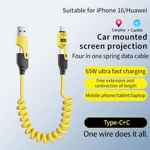 4 in 1 Spring Fast Charging Cable (2Pack), 65W USB-C PD Multi Fast Charging, 1.2m/4ft Coiled Retractable Cable for iPhone Samsung Laptop – Yellow+Green – Enhanced Compatibility and Speed