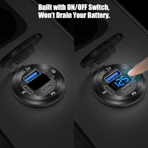 High-Performance 2 Pack 12 V USB Outlet Car Charger Socket – Triple Port Aluminum Fast Charging Adapter with 30 W Dual PD USB-C and Quick Charge 3.0, Waterproof Design with Built-in Voltmeter & Power Control for Marine, RV, Motorcycle, and Truck Applications – Ultimate Durability and Versatile Compatibility for All Devices