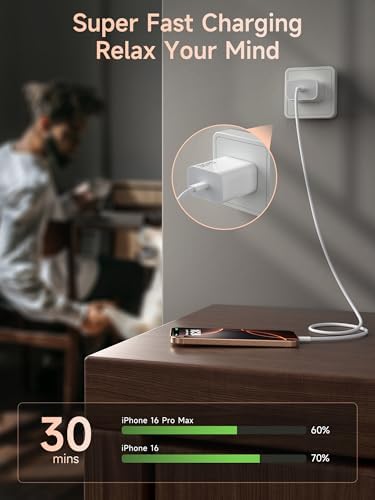 Upgrade Your Charging Game with the 30 W MFi Certified Fast Charger for i Phone 16 e – Includes 6.6 ft Durable USB-C Cable for Optimal Performance and Versatile Use – Perfect for i Phone 16 Plus, 16 Pro Max, 15, and i Pad Pro – Compact, Lightweight Design for Home, Office, and Travel