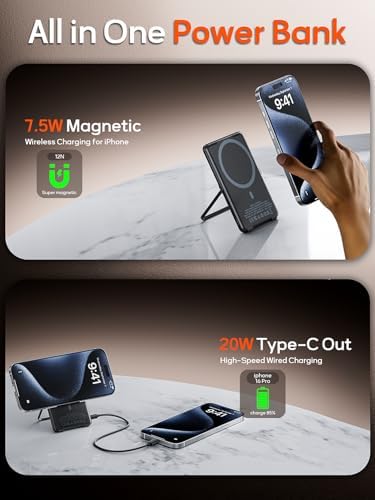 Ultra-Slim 0.3-Inch Magnetic Power Bank – 5000 m Ah Wireless Charger with Foldable Stand & USB-C Cable – Fast Dual-Device Charging for i Phone 16/15/14/13/12 – Travel-Ready Portable Battery Pack for Effortless On-the-Go Power Solutions