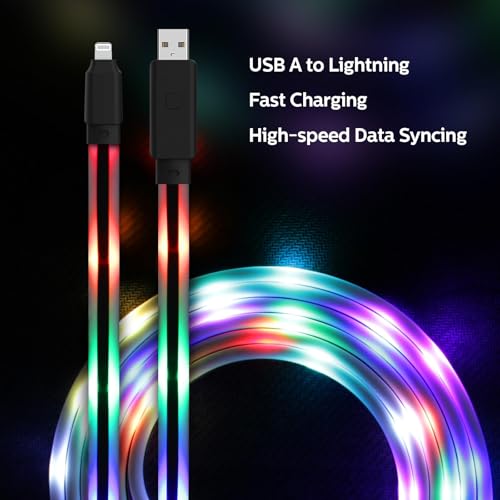 Revamp Your Charging Routine with Our 6 ft Color Changing LED i Phone Charger Cord – MFi Certified Lightning Fast Charging Cable for i Phone 14, 13, 12, 11 Pro Max, i Pad, and i Pod Touch – Durable, Stylish, and Functionally Innovative