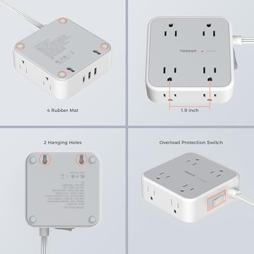 TESSAN 10 FT Flat Plug Surge Protector Power Strip with 8 Outlets and 3 USB Ports – Versatile Desk Charging Station with 900 Joules Protection for Home and Office – Enhanced Safety and Space Efficiency