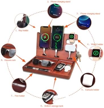 Multi-Device USB Charging Station with 4 Ports – Fast PD & QC3.0 Power Delivery, Stylish Wooden Organizer for Desk & Nightstand – Ideal Birthday Gift for Men, Dads, Husbands, and Moms – Elegant Solution for Cable Management and Rapid Charging