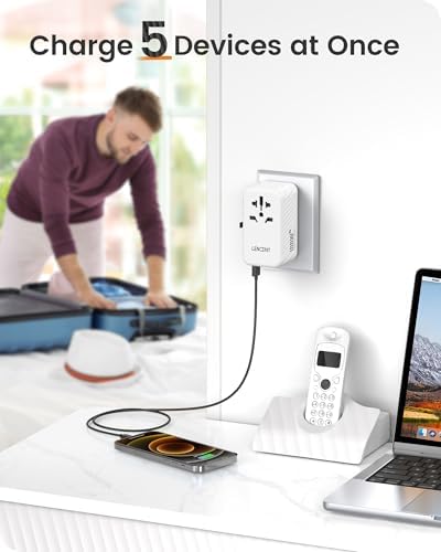 LENCENT 85 W Universal Travel Adapter with Retractable USB-C Cable – High-Speed International Plug Converter Featuring 3 Type-C & 1 USB-A Ports for Effortless Worldwide Charging – Your Ultimate Travel Essential for Maximum Compatibility, Fast Charging, and Ga N Technology Efficiency