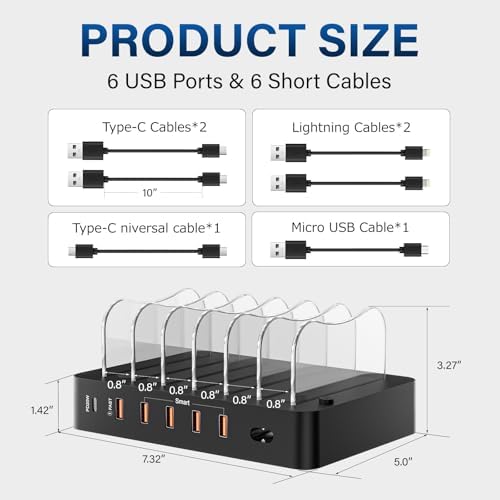 68 W Multi-Device Charging Station: 6-Port USB Dock with 20 W Fast Charging for i Phone, i Pad, and More – Sleek White Design with Included Cables for Ultimate Convenience and Efficiency