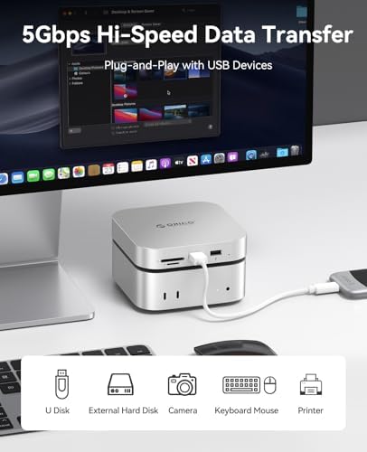 Unleash the Full Potential of Your Mac Mini with the ORICO Mini Link M4 Hub: High-Speed 5 Gbps USB 3.0 Connectivity, Versatile SATA SSD Enclosure, Dual Card Readers for Effortless File Management, and Dedicated Audio Jacks for Enhanced Multimedia Experience