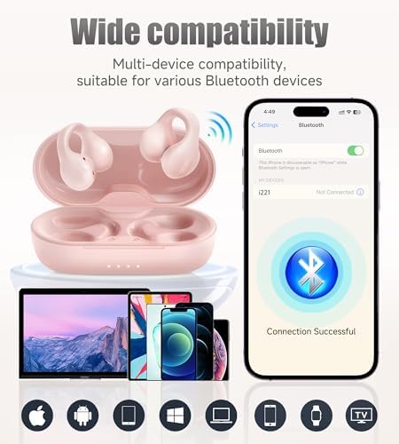 King Lucky i21 Purple Bluetooth 5.3 Open Ear Clip-On Earbuds – Advanced Noise Cancellation & IPX4 Waterproof Design for Small Ears and Glasses Wearers – Perfect for Active Lifestyles & Hands-Free Calls