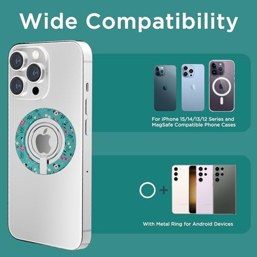 for MagSafe Phone Grip, Magnetic Phone Ring, Compatible with MagSafe Ring Holder with Adjustable Stand for iPhone 15/14/13/12 Series, Floral Green – Enhanced Compatibility and Speed