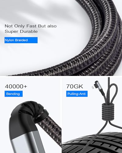 10 FT Right Angle i Phone Charger Cable 2-Pack – MFi Certified Lightning Fast Charging for i Phone 14/13/12/11 Pro Max & More – Durable Nylon Braided Design for Optimal Performance and Tangle-Free Convenience – Perfect for Gaming and Streaming