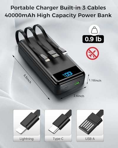 Ultra High Capacity 40,000 m Ah Portable Power Bank with Integrated Cables – 22.5 W PD Fast Charging Solution for i Phone 16/15/14/13, Samsung Galaxy S24/S23/S22/S21 & More – 5 Output Ports & 3 Input Options for Multi-Device Compatibility – Precision LED Display for Real-Time Power Monitoring – Lightweight & Compact Design Perfect for Outdoor Adventures, Travel, Camping, and More – Versatile Backup Battery for Smart Devices Including Tablets, Cameras, and More – Ultimate Charging Convenience Wherever You Go