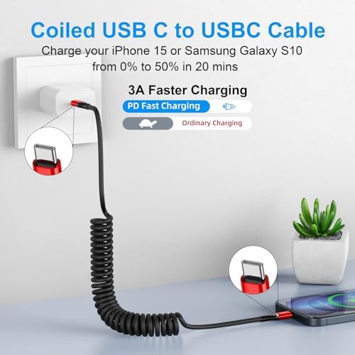 KIYODA 6 ft Coiled USB C to USB C Cable (2 Pack) – Efficient Fast Charging & High-Speed Data Transfer for i Phone 16/15/Plus/Pro/Pro Max & Samsung Galaxy S23 – Tangle-Free, Durable & Portable Solution for Home and Travel Needs
