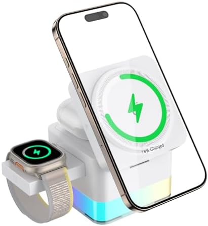 15 W Magnetic Wireless Charging Station – 3-in-1 Fast Charger with Night Lamp for i Phone 16/15/14/13/12, Apple Watch, and Air Pods – Sleek Design for Enhanced Compatibility and Efficient Power-Up