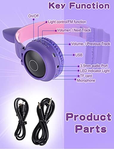 Vibrant Cat Ear Wireless Bluetooth Headphones for Kids and Teens – Fun LED Light-Up Design, Foldable Portability for Travel and Gaming – Superior Comfort for Long Listening Sessions on i Pads and Smartphones (Purple)