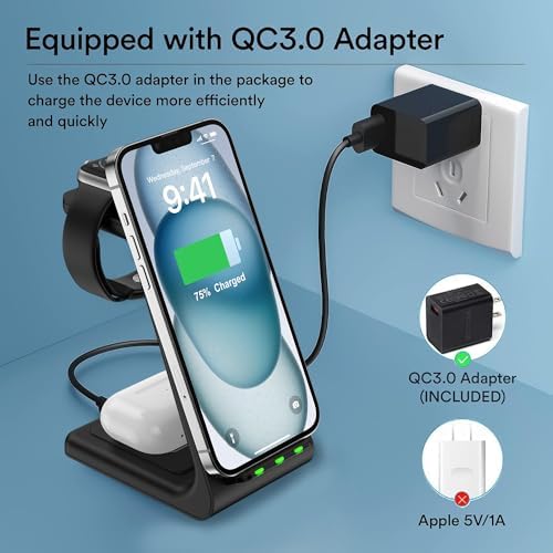 3-in-1 Wireless Charging Station for Apple Devices – Fast Magnetic Charger for i Phone 15/14/13/12/Pro Max/SE/11/XS/XR/8, Apple Watch 9-2, and Air Pods – Streamlined Power Solution for Home and Travel – Sleek, Compact Design for Enhanced Compatibility and Speed