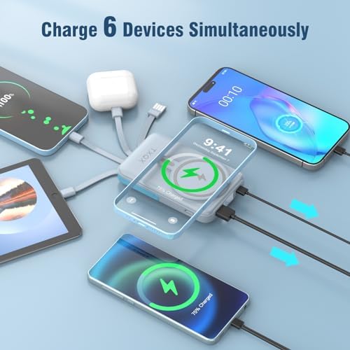 Ultra-Sleek 10000 m Ah Wireless Magnetic Power Bank – Fast Charging Portable Charger with Built-in Cables & LED Display – Compatible with i Phone 16/15/14/13/12/Pro/Mini/Pro Max (Purple) – Convenient On-the-Go Power Solution with Integrated Stand and Mag-safe Technology