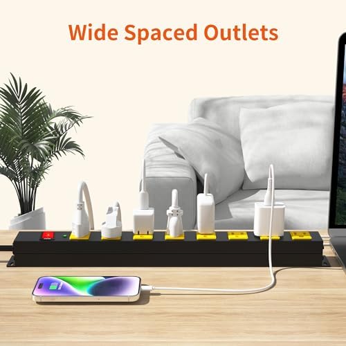 10 FT Heavy Duty 8 Outlet Surge Protector Power Strip with Wall Mount Capability – 2100 Joules of Protection for Home, Office, Garage and Workshop – Versatile, Space-Saving Design with Wide Spaced Outlets for Large Plugs and Electronics