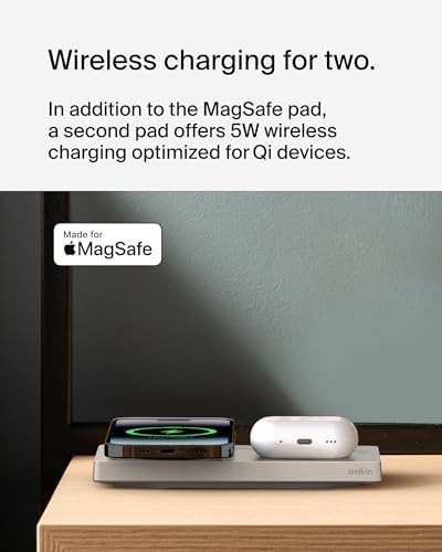 Belkin 15 W Mag Safe-Compatible 2-in-1 Wireless Charging Station – Fast Dual Device Charger for i Phone 16, 15, 14, 13 Series & Air Pods – Sleek Sand Design for Effortless Portability and Seamless Power Solutions