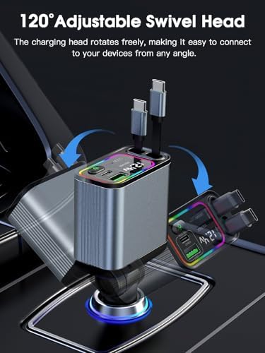 Ultimate 107 W Fast Charging Retractable Car Charger with Built-in Lightning & USB-C – Superior Compatibility for i Phone 16/15/14, Samsung S24/S23/S22, Pixel 9/8/7 – Sleek Black Design for Organized Travel and Efficient Power Solutions